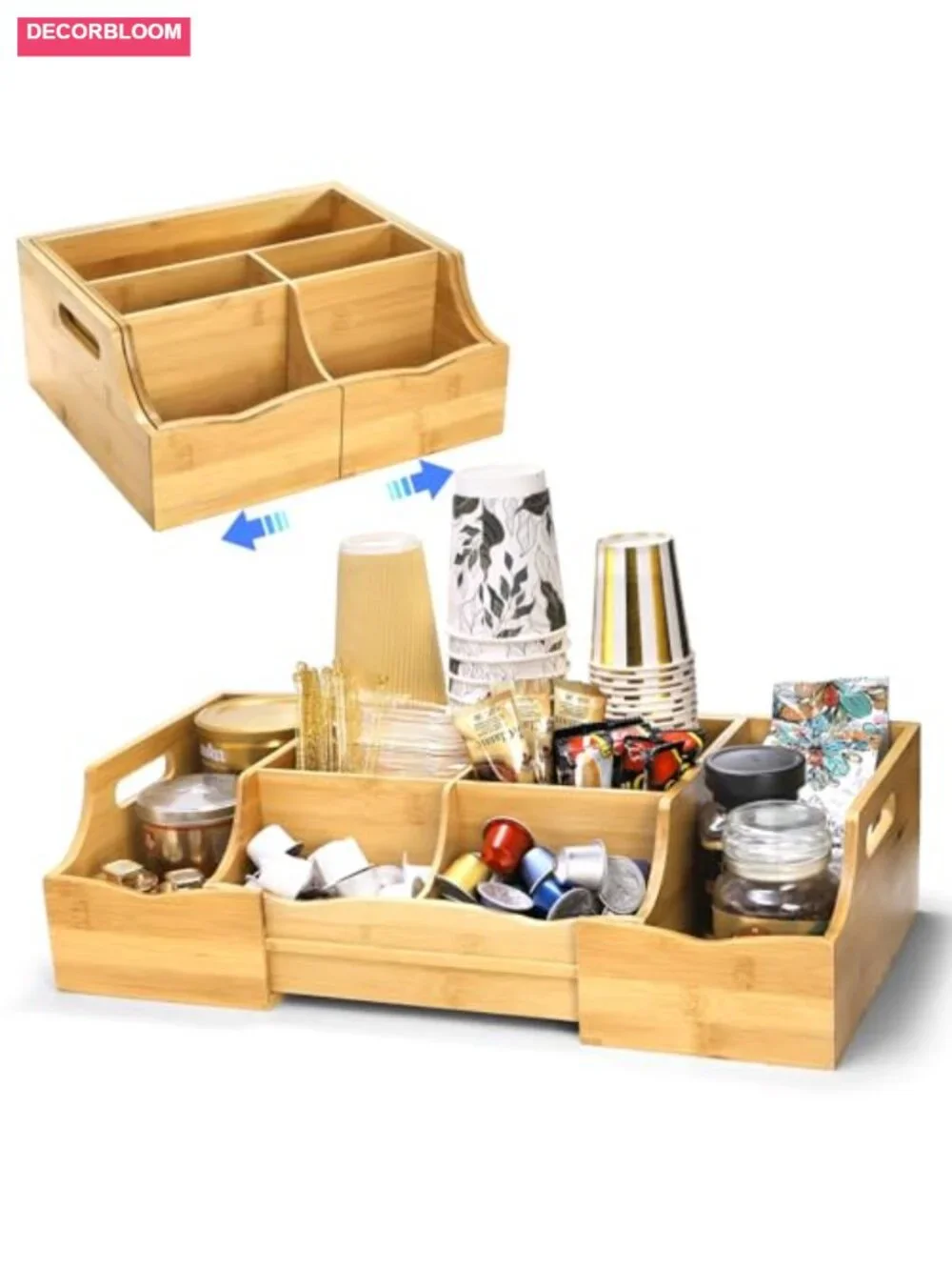 Expandable Bamboo Coffee Station Organizer with 7 Compartments, Countertop
